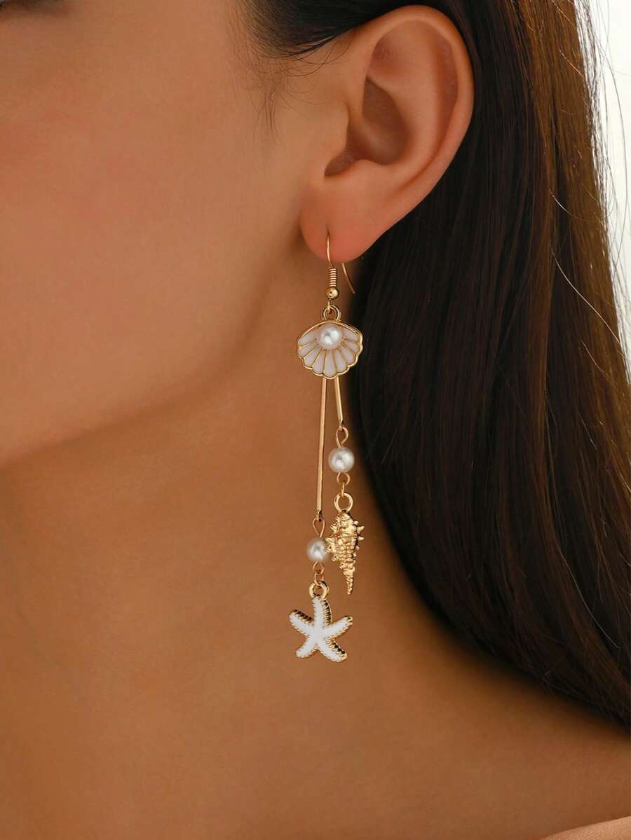 1 Pair Romantic Ocean Style White Glazed Shell Elegant Faux Pearl Metal Earrings, Fashion Jewelry Earrings Suitable For Daily Wear, Beach Dates And Vacation