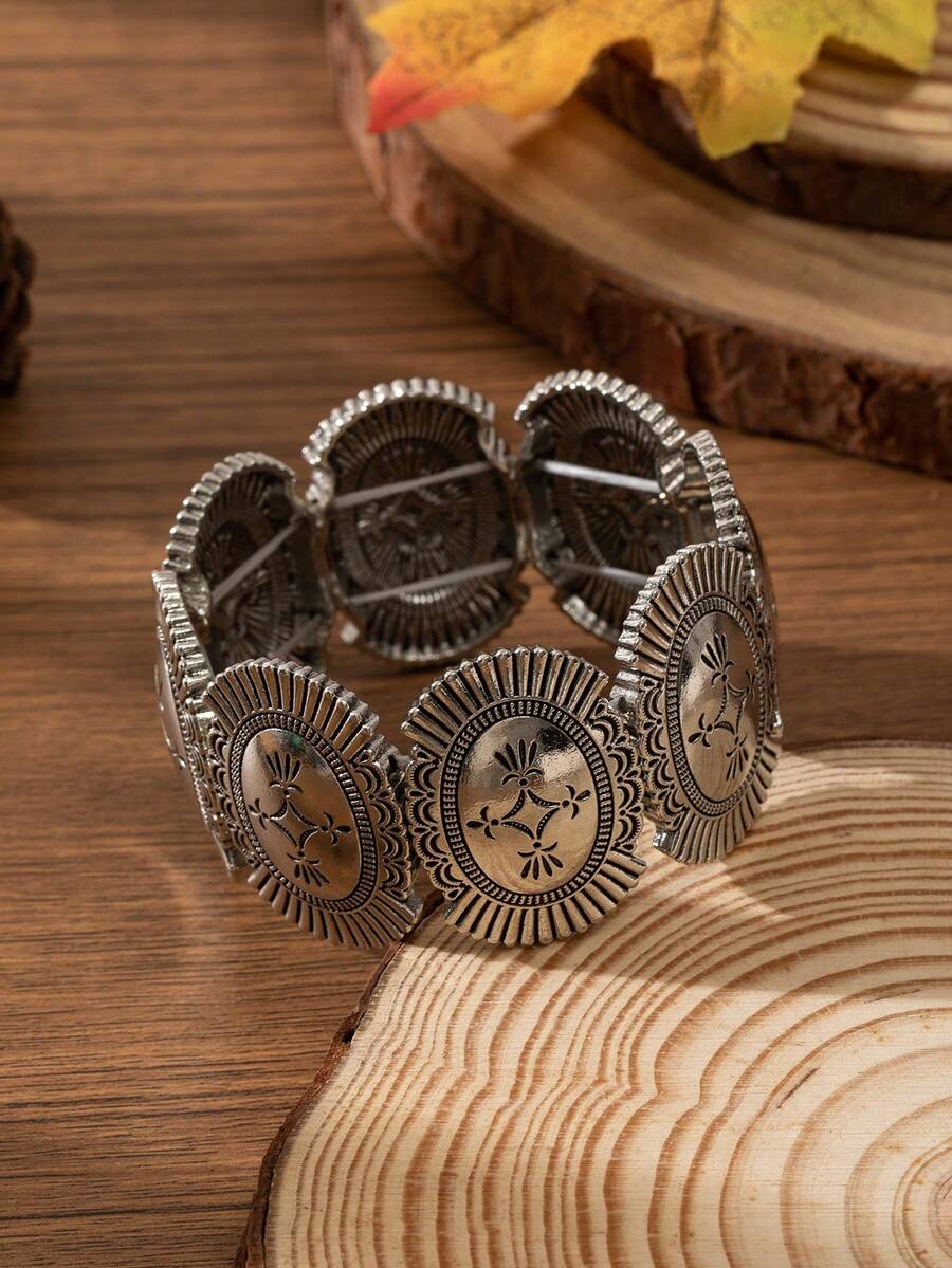 1pc Unisex Vintage Fashion Geometric Engraved Zinc Alloy Electroplated Ancient Gold Elastic Bracelet, Suitable For Autumn/Winter, Daily Wear, Holidays. Popular Item In The Middle East