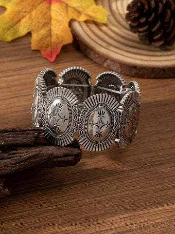 1pc Unisex Vintage Fashion Geometric Engraved Zinc Alloy Electroplated Ancient Gold Elastic Bracelet, Suitable For Autumn/Winter, Daily Wear, Holidays. Popular Item In The Middle East