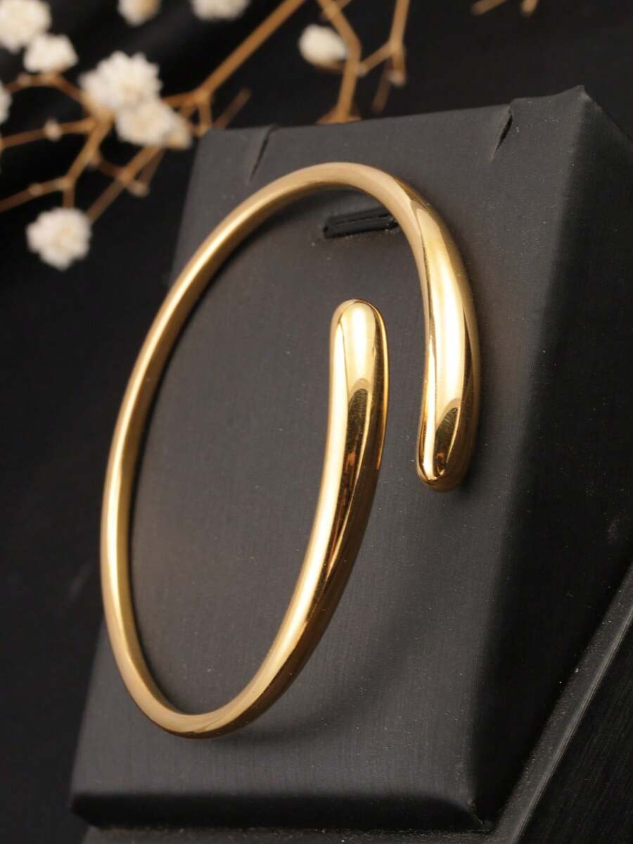 1pc 18K Gold-Plated Stainless Steel Exaggerated Plain Smooth Water Drop Bangle