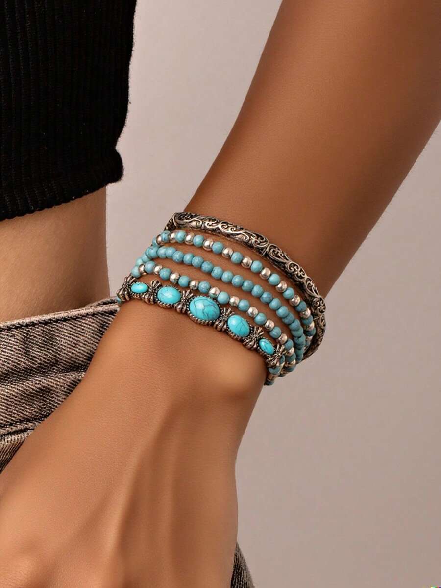 5pcs Set Artificial Turquoise Bead Boho Style Bracelet Set