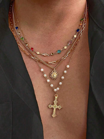 4pcs Vintage Luxury Multi-Color Crystal Cross Pendant Necklace, Men's Daily Wear Accessory, Ideal Gift