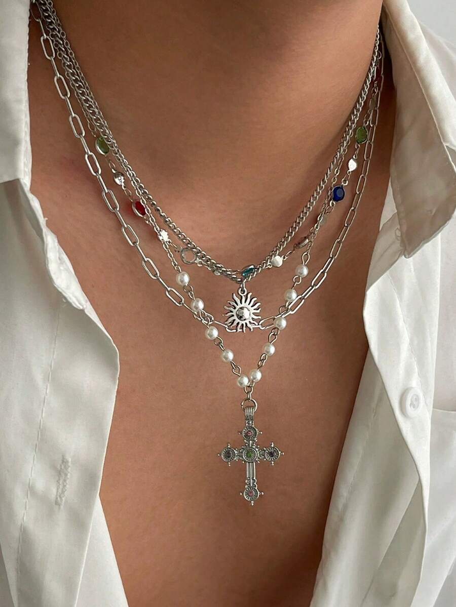 4pcs Vintage Luxury Multi-Color Crystal Cross Pendant Necklace, Men's Daily Wear Accessory, Ideal Gift