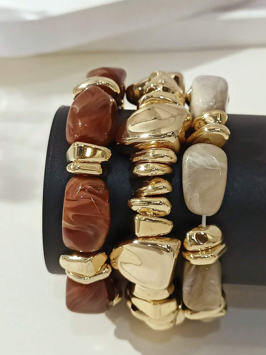 LADYCOCO 3pcs Vintage Multi-Layer Brown Acrylic Beaded Bracelet, Transformable Gold Chip Bracelet, For Women, Couples, Party, Daily Wear