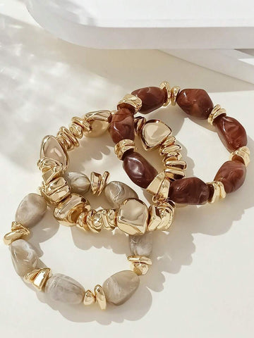 LADYCOCO 3pcs Vintage Multi-Layer Brown Acrylic Beaded Bracelet, Transformable Gold Chip Bracelet, For Women, Couples, Party, Daily Wear
