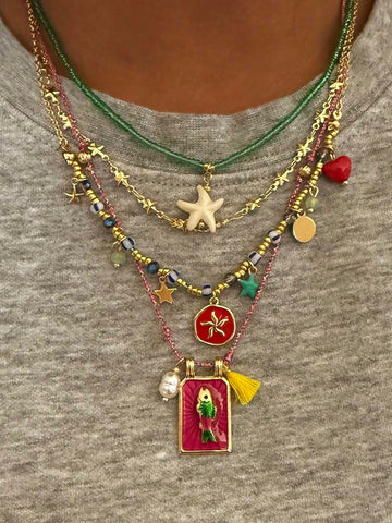 4pcs Bohemian Handmade Beaded Colorful Square Fish & Starfish Pendant Multilayer Necklace Set For Women, Suitable For Daily, Party, Beach, All Seasons