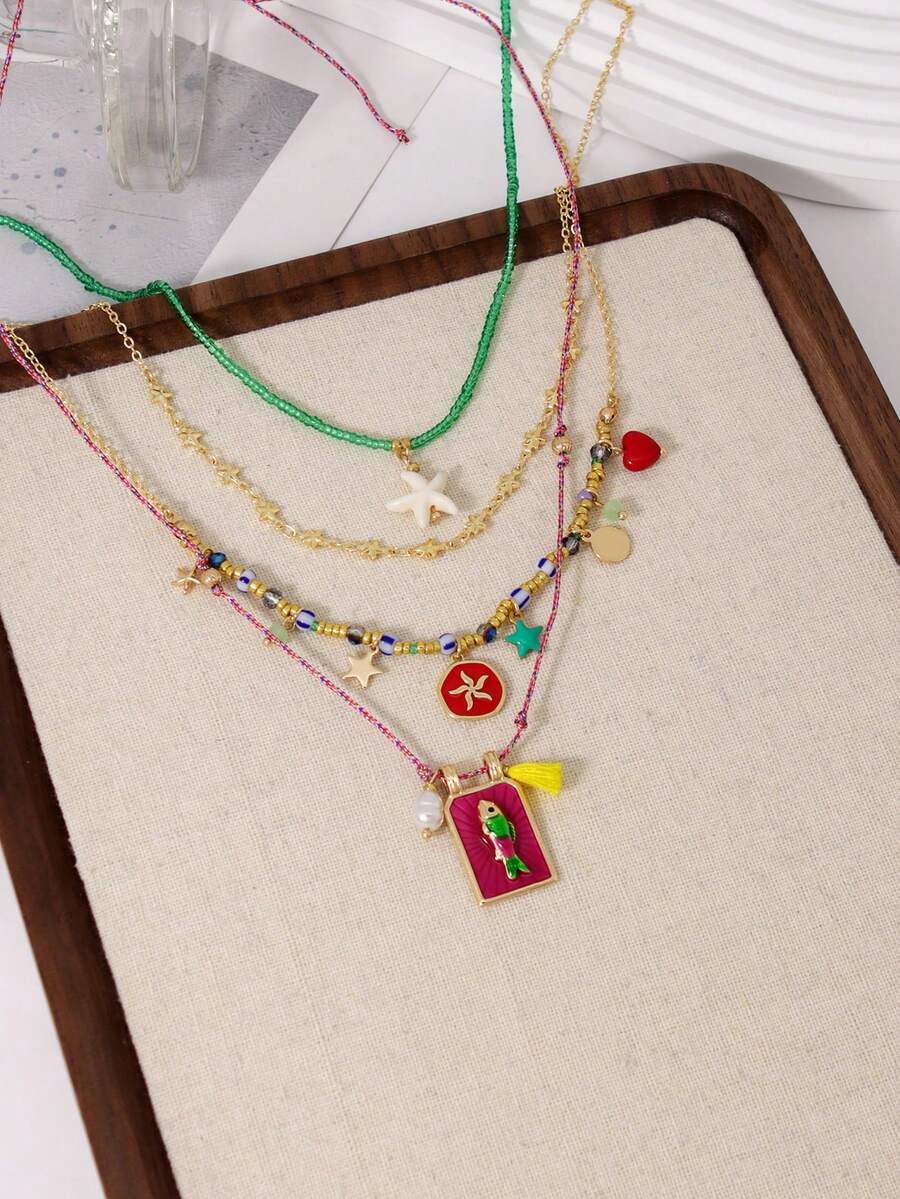 4pcs Bohemian Handmade Beaded Colorful Square Fish & Starfish Pendant Multilayer Necklace Set For Women, Suitable For Daily, Party, Beach, All Seasons