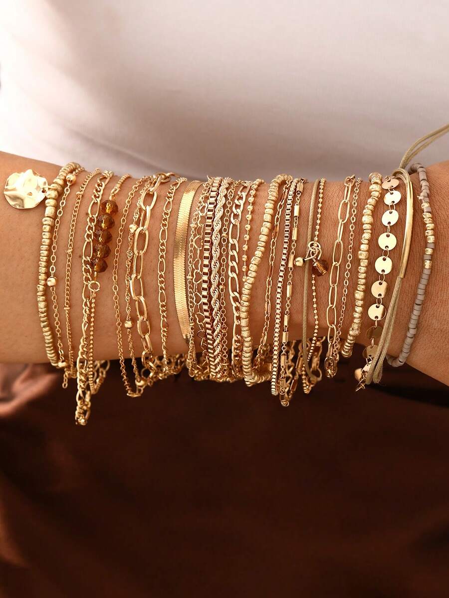 11/7pcs Fashionable, Elegant, Delicate, Retro Multilayer Stacking Bracelet Set With Pearl Beads, Faux Gems, Geometric Shapes, Waxed Cord, Snake Chain, Braided Chain, Box Chain, Smooth Links, Minimalist Style, Suitable For Holidays, Parties, Dates,...