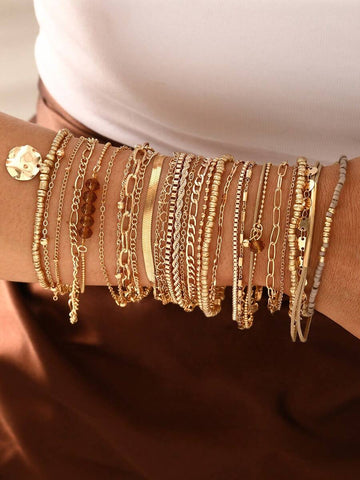 11/7pcs Fashionable, Elegant, Delicate, Retro Multilayer Stacking Bracelet Set With Pearl Beads, Faux Gems, Geometric Shapes, Waxed Cord, Snake Chain, Braided Chain, Box Chain, Smooth Links, Minimalist Style, Suitable For Holidays, Parties, Dates,...