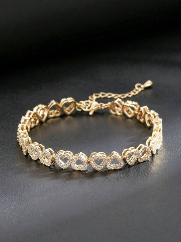 1pc Luxury Heart-Shaped Zirconia Bridal Bracelet, Adjustable Elegant Minimalist High-End Sparkly Gift For Women