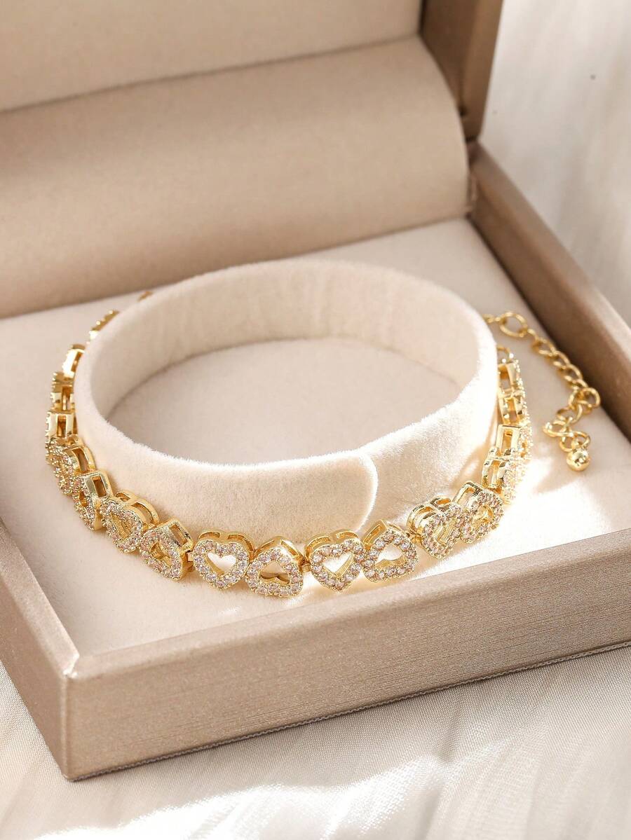 1pc Luxury Heart-Shaped Zirconia Bridal Bracelet, Adjustable Elegant Minimalist High-End Sparkly Gift For Women