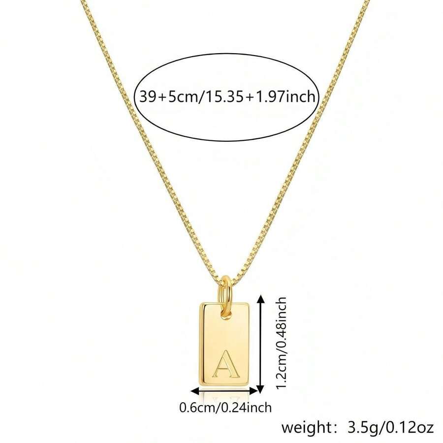 TUANZISP 1pc Gold Rectangular Pendant Necklace With 26 Alphabet Letters, Elegant Necklace Jewelry Gift For Women