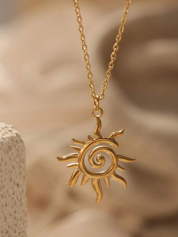 1pc Simple 18k Gold Plating Stainless Steel Sunburst Sun Ray Delicate Pendant Women Necklace Sprial Pendant Collarbone Chain For Women Summer Wear