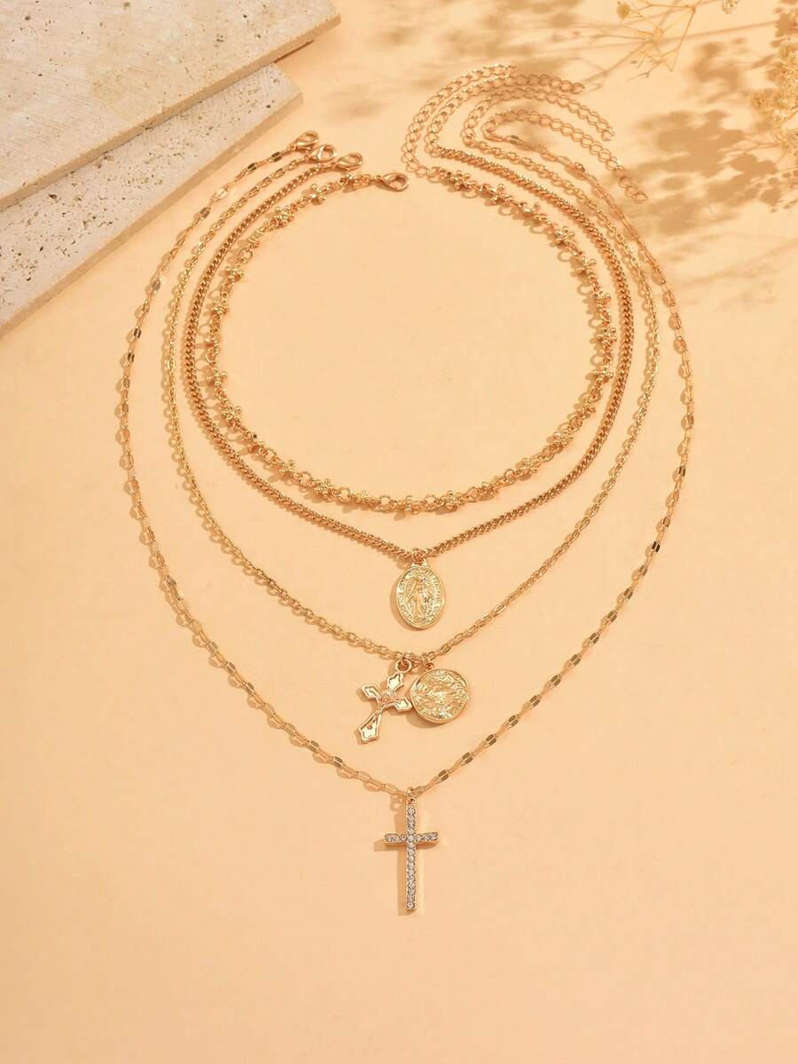 4pcs/Set Vintage Metal Jesus Cross Necklace, Multilayer Design Jewelry Set For Women, Suitable For Daily Wear, Travel, Party, Music Festival