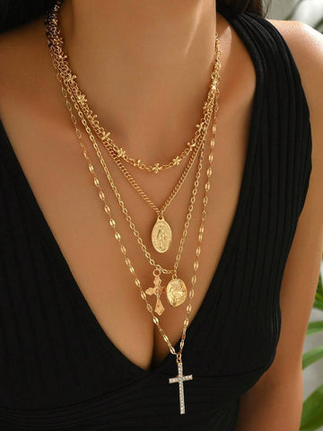 4pcs/Set Vintage Metal Jesus Cross Necklace, Multilayer Design Jewelry Set For Women, Suitable For Daily Wear, Travel, Party, Music Festival