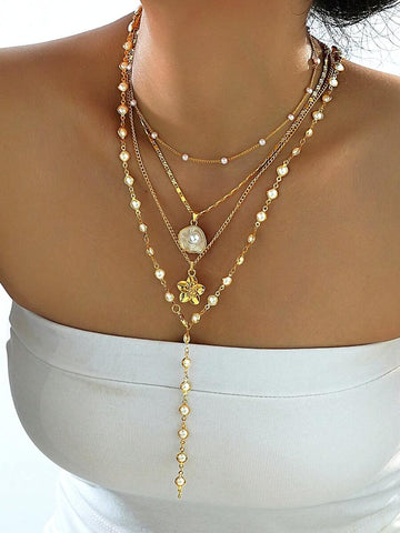 4pcs Fashionable Minimalist Bohemian Shell Flower & Faux Pearl Y-Necklace Set, Versatile For Vacation, Date, Party, Gift, Daily Wear