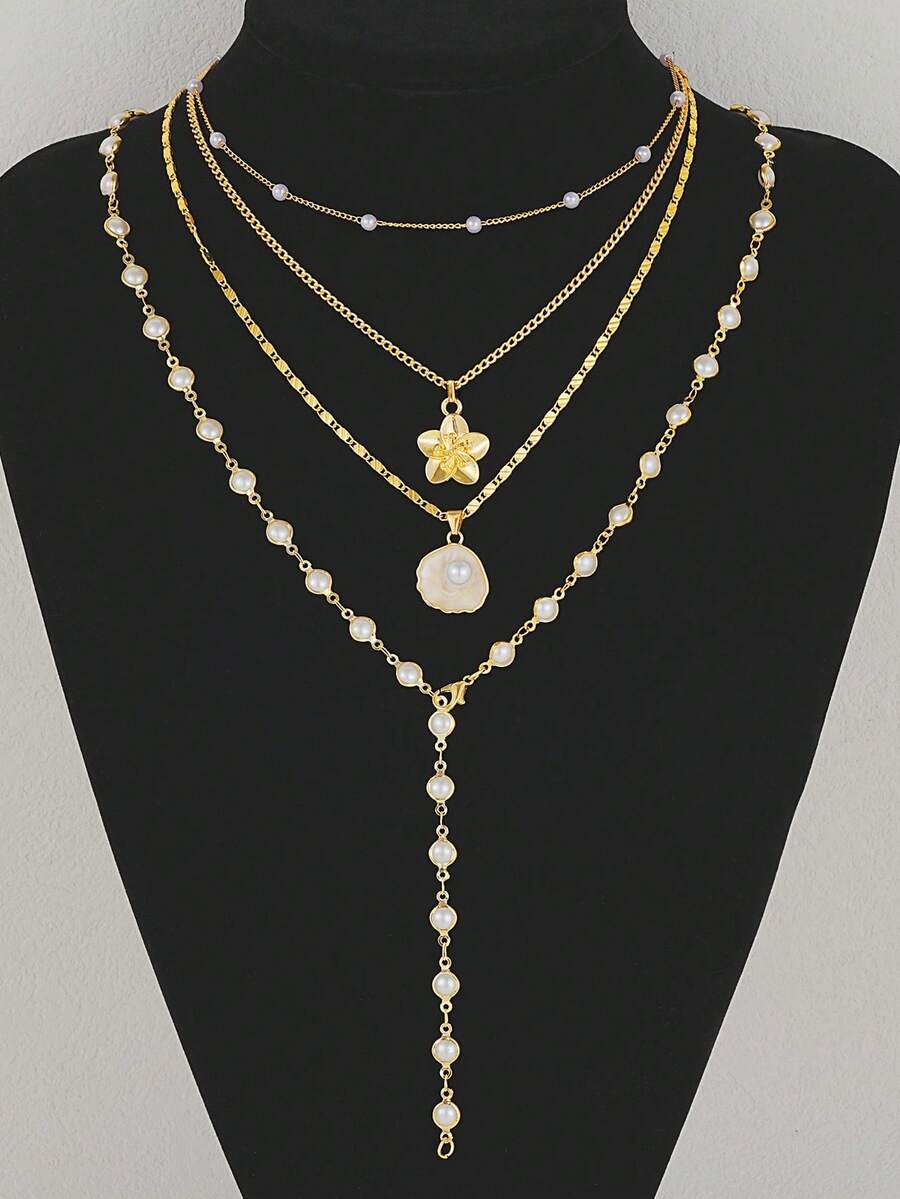 4pcs Fashionable Minimalist Bohemian Shell Flower & Faux Pearl Y-Necklace Set, Versatile For Vacation, Date, Party, Gift, Daily Wear