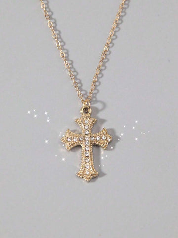 Vintage Gothic Style Rhinestone Cross Necklace, Minimalist Chic Cubic Zirconia Cross Design Unisex Choker Necklace