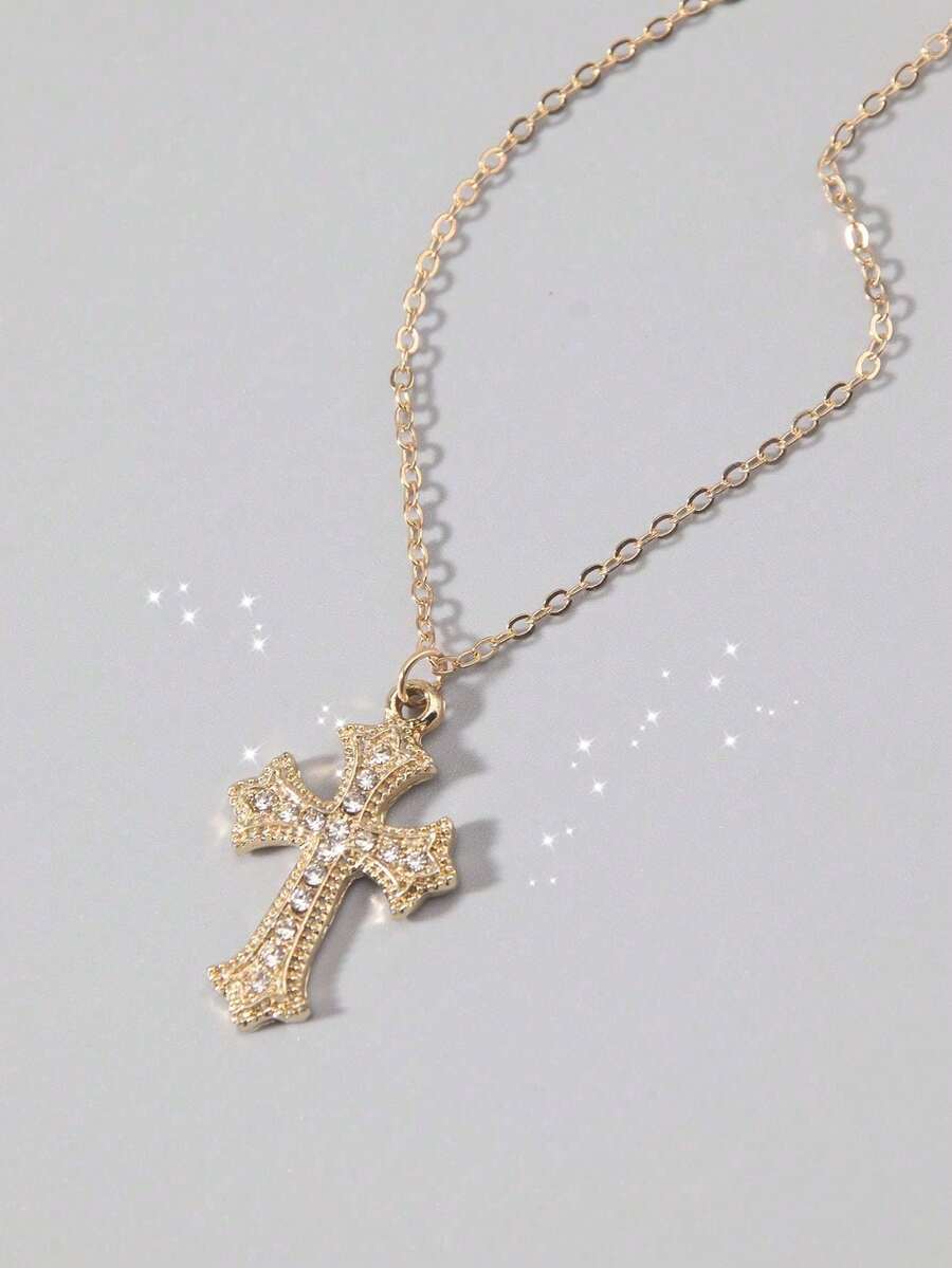 Vintage Gothic Style Rhinestone Cross Necklace, Minimalist Chic Cubic Zirconia Cross Design Unisex Choker Necklace