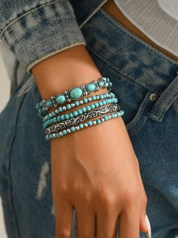5pcs Set Artificial Turquoise Bead Boho Style Bracelet Set