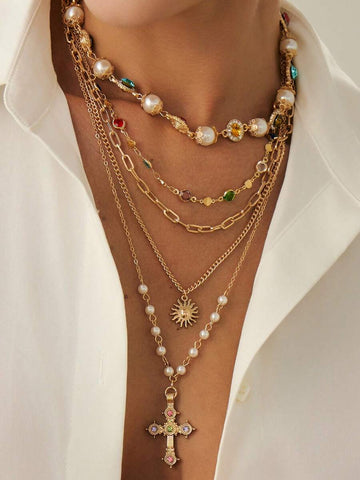 5pcs/Set Vintage Metal Sun & Cross Pendant Long Necklace, Bohemian Colorful Crystal Choker Necklace, Luxury Diamond Necklace, Suitable For Women's Daily Wear