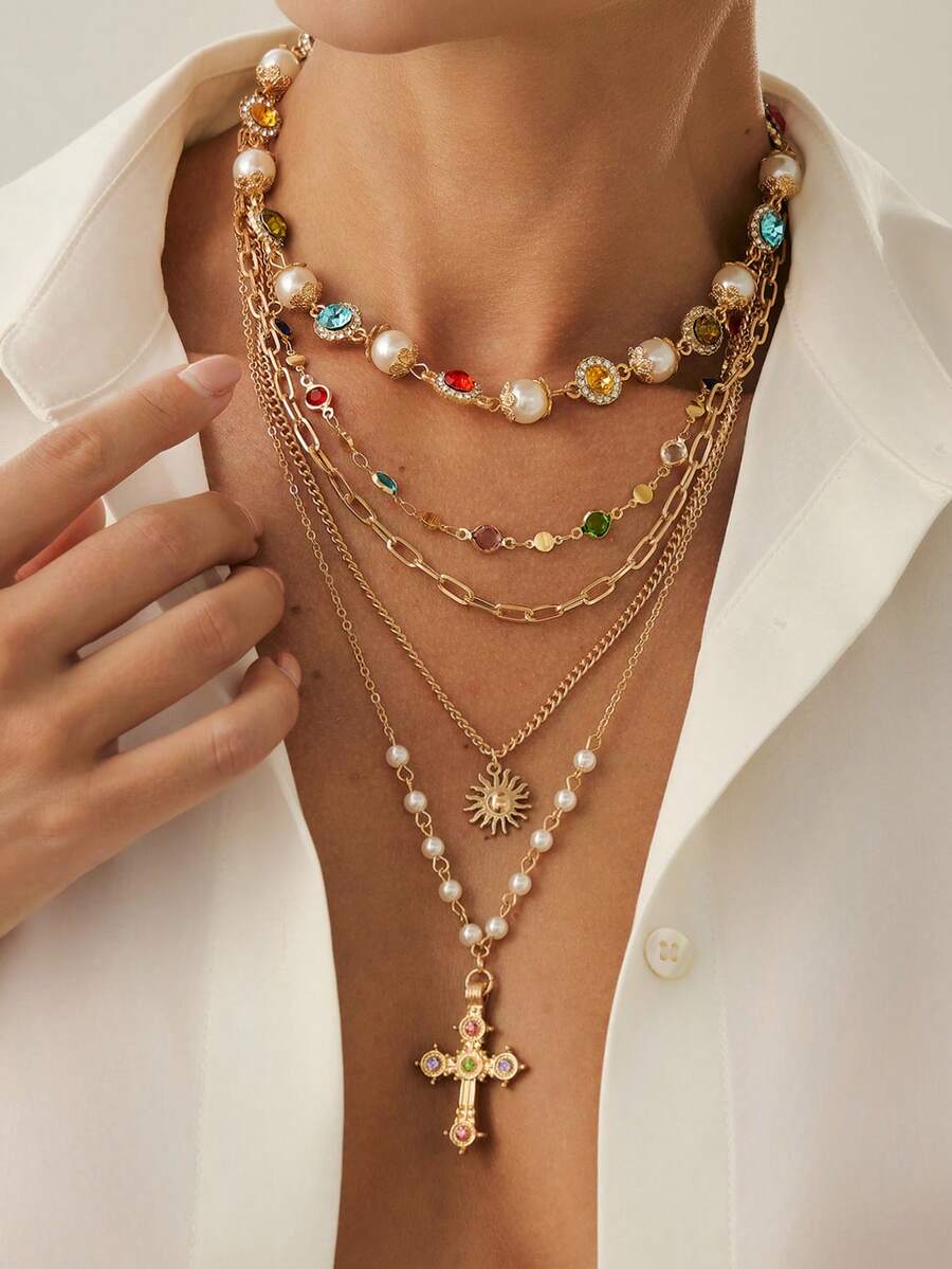 5pcs/Set Vintage Metal Sun & Cross Pendant Long Necklace, Bohemian Colorful Crystal Choker Necklace, Luxury Diamond Necklace, Suitable For Women's Daily Wear