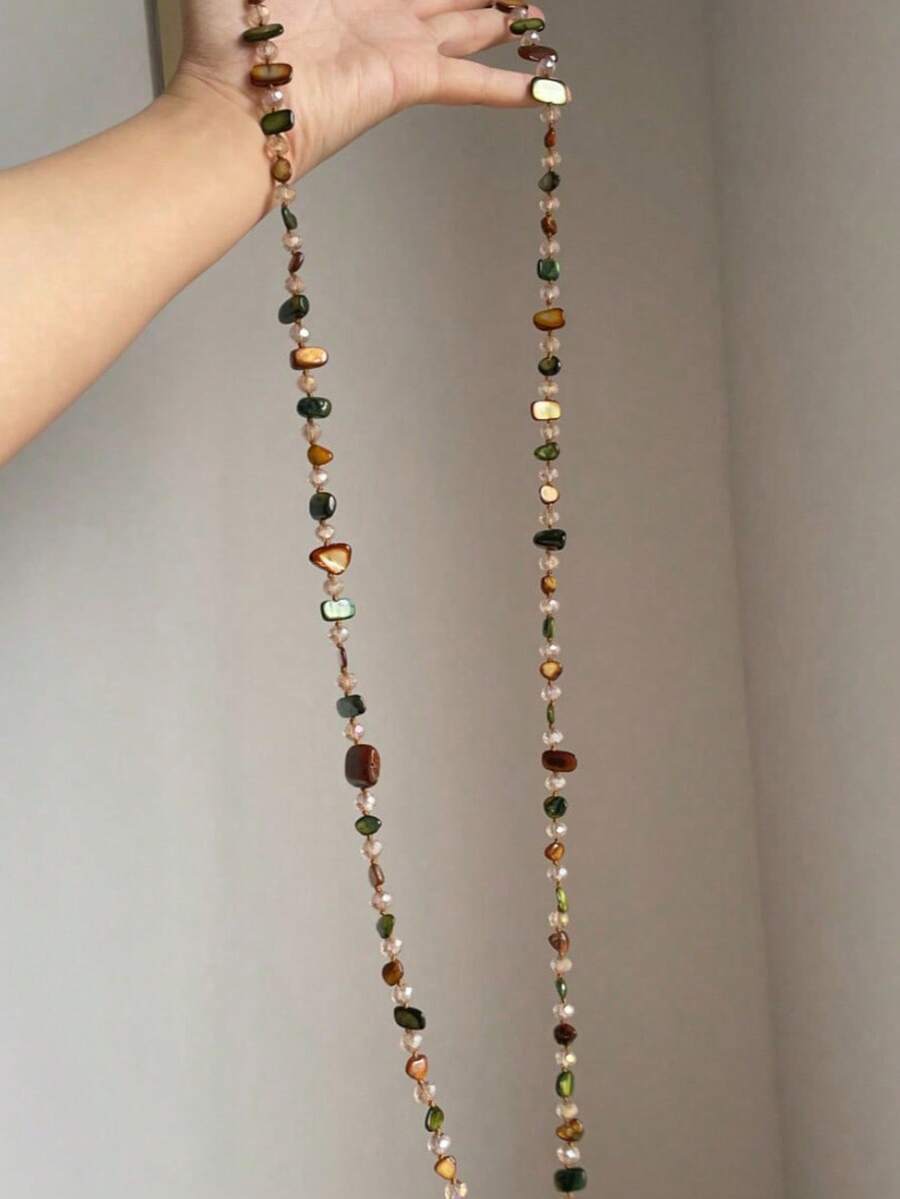 rundraw Bohemian Style Colorful Shell & Glass Multi-Layer Necklace, Women's Long Necklace For Spring/Summer, Cross-Border Creative European & American Style