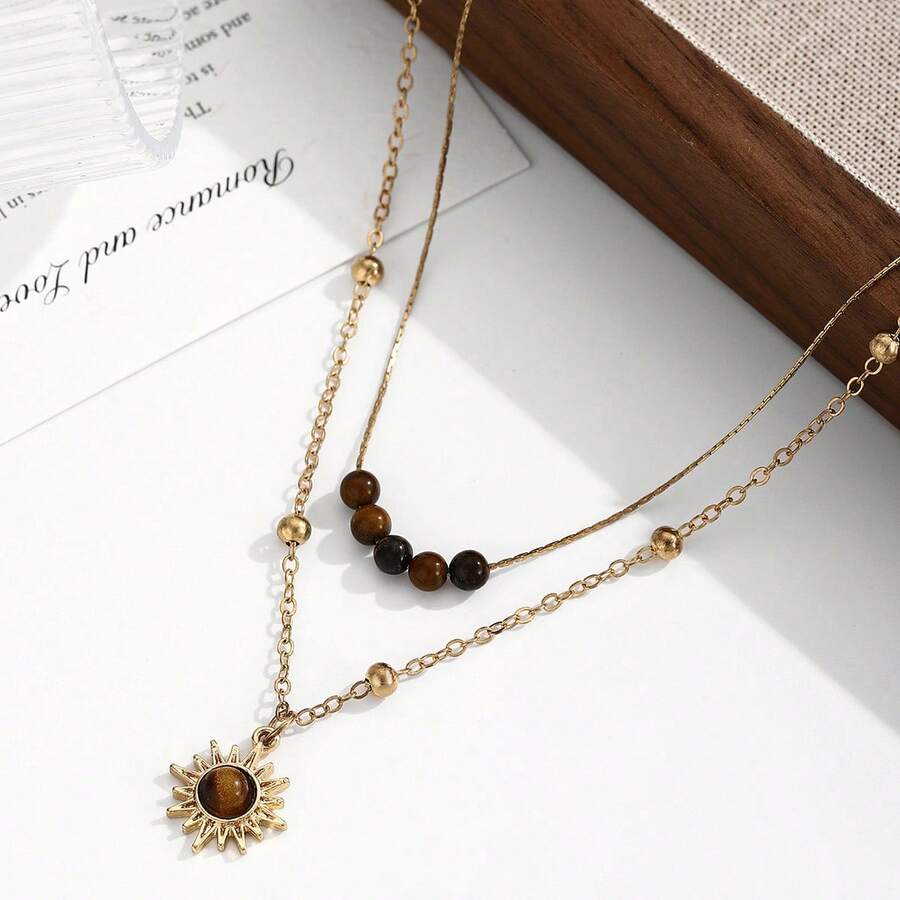 1pc Vintage Gold Sunflower & Tiger Eye Stone Necklace, Layered Wear Sweater Chain, Clavicle Necklace Accessory, Suitable For Party And Banquet, Autumn/Winter