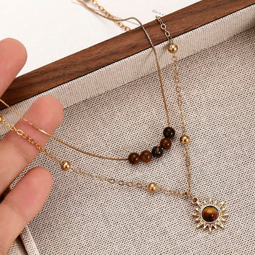 1pc Vintage Gold Sunflower & Tiger Eye Stone Necklace, Layered Wear Sweater Chain, Clavicle Necklace Accessory, Suitable For Party And Banquet, Autumn/Winter