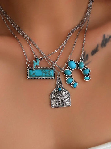 A3320 4pcs/set Vintage Western Cowboy Style Turquoise Pendant Necklace Set