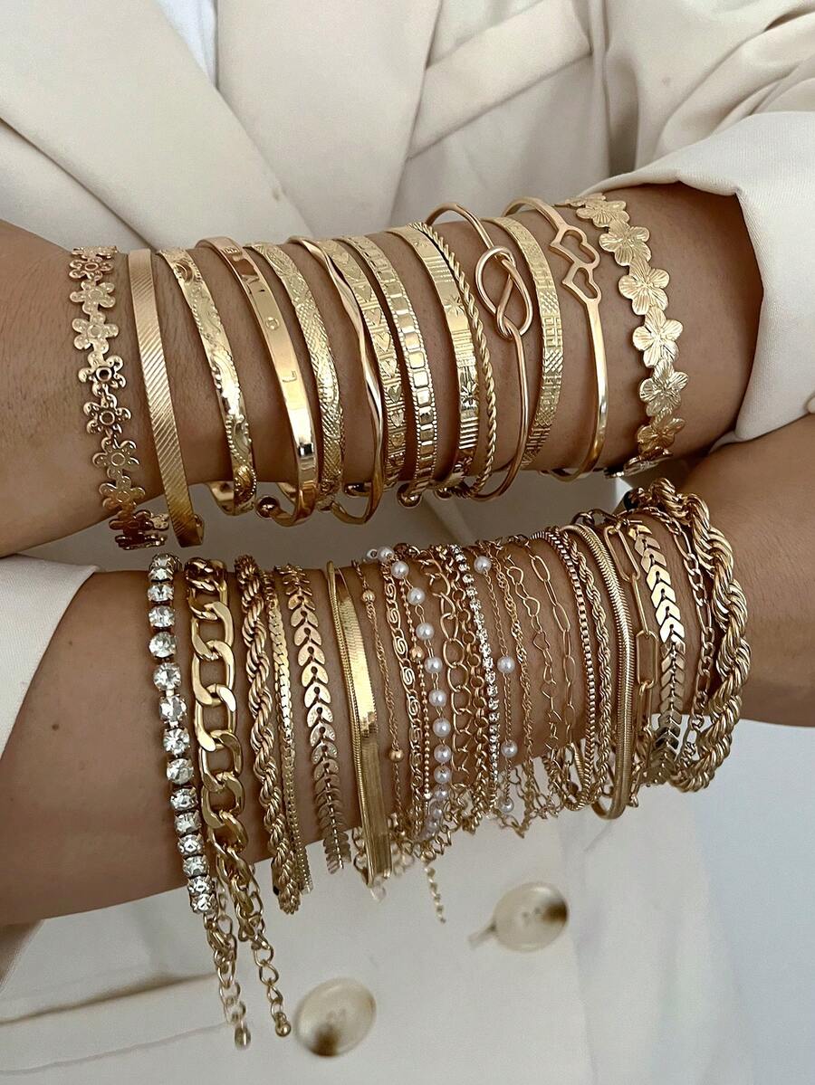30/20/10/6pcs Multi-Layered Old Money Style Vintage Elegant Fashion Minimalist Exquisite Design Floral Geometric Ribbon Pearl Rhinestone Bling Bling Shiny Heart Pattern Cross Twist Knot Snake Bone Chain Airplane Chain Rope Chain Box Chain Cuban Ch...
