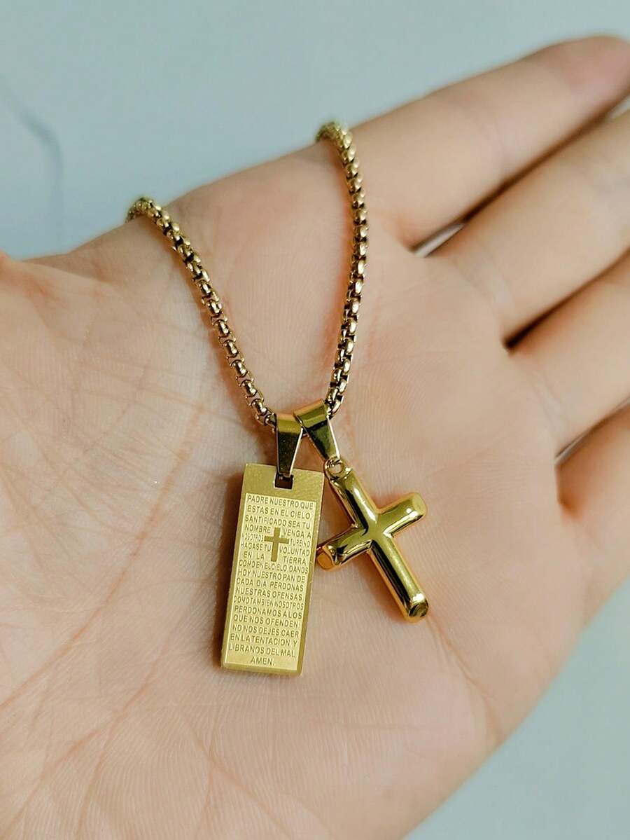 MECYLIFE 1pc Personalized Scripture Cross Pendant Stainless Steel Men's Necklace