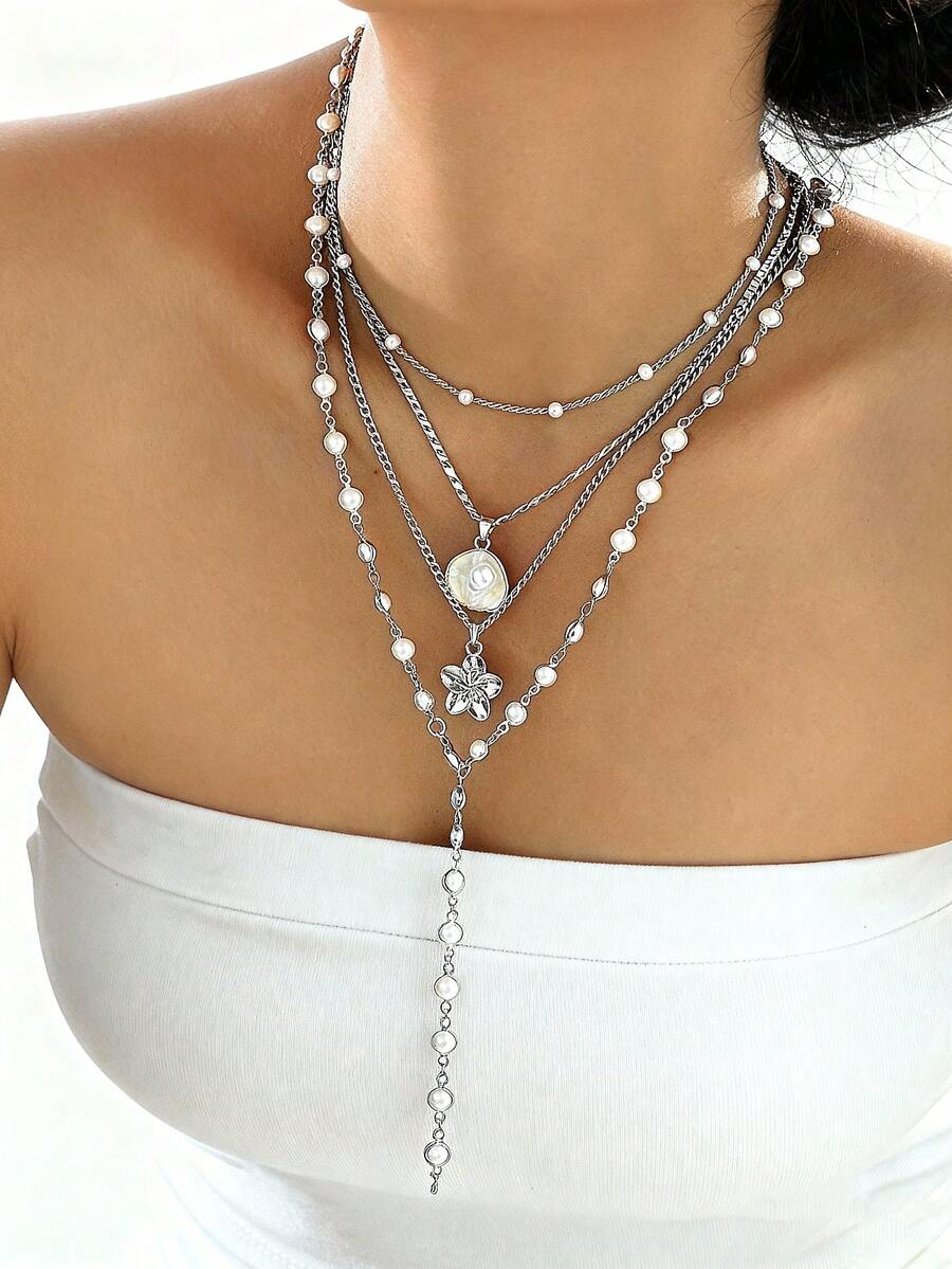 4pcs Vintage Bohemian Shell & Faux Pearl Flower Pendant Tassel Necklace Set, Y-Shaped Chain, Suitable For Daily Wear And Beach Vacation Jewelry Decoration