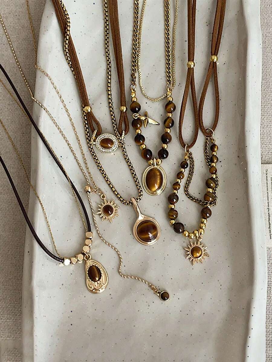 1pc/Set Vintage Elegant Multi-Layer Tiger Eye Stone Pendant Necklace, Women's Double-Layer Clavicle Chain Jewelry Set, Women's Daily Party Accessory, Fashion Jewelry, Best Friend Gift, Autumn/Winter Sweater Chain Jewelry Gift For Women