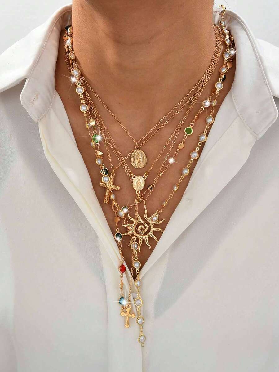 6pcs Vintage Metal Cross, Portrait, Sun Pendant Y-Necklace Set; Bohemian Style Colorful Crystal Pendant Necklace Set, Suitable For Women's Daily, Vacation, Party, Dating Wear, Holiday Gift For Friends