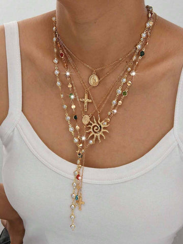 6pcs Vintage Metal Cross, Portrait, Sun Pendant Y-Necklace Set; Bohemian Style Colorful Crystal Pendant Necklace Set, Suitable For Women's Daily, Vacation, Party, Dating Wear, Holiday Gift For Friends