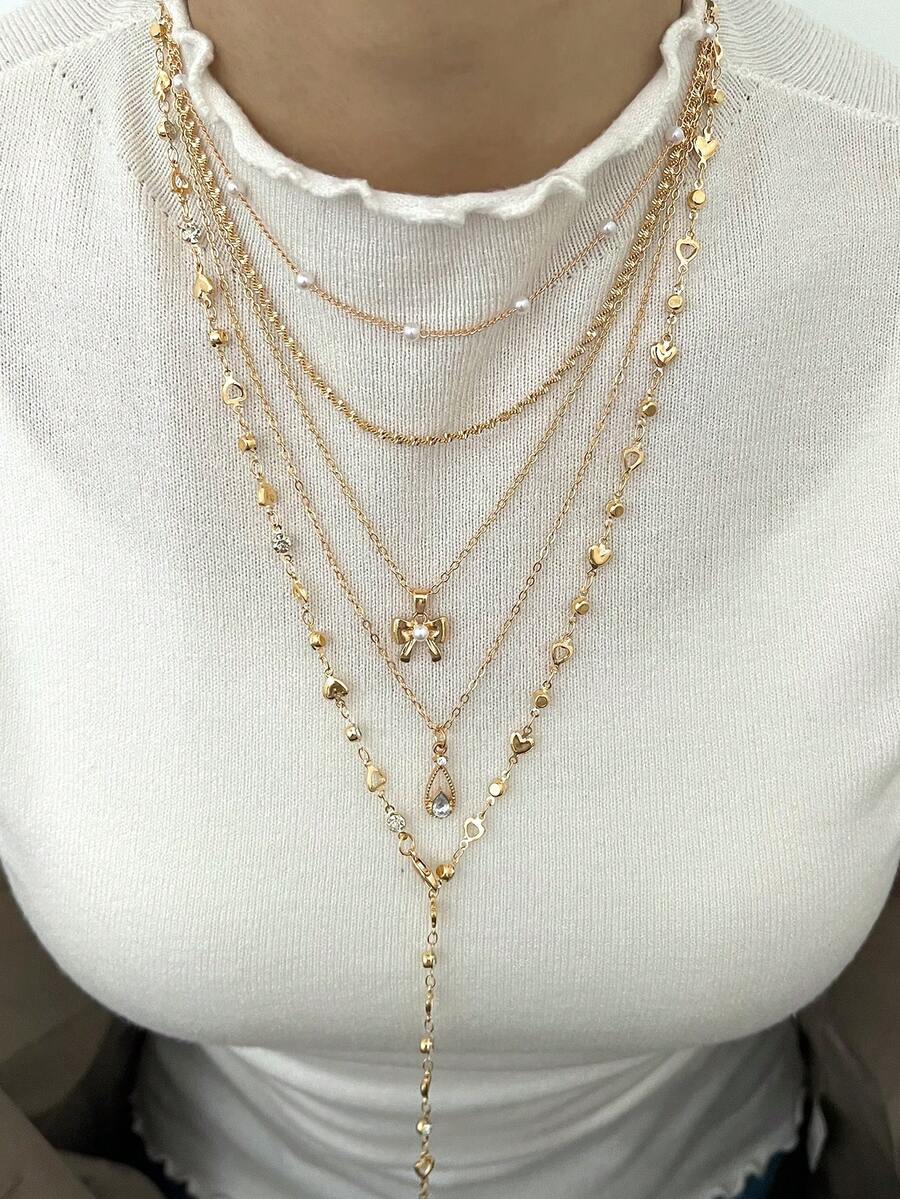5pcs Y-Shaped Necklace Set, Fashion Minimalist Elegant Vintage Design With Bow, Water Drop, Heart, Rhinestone, Faux Pearl, Tassel Pendant, Y-Necklace, Suitable For Holiday, Party, Daily Wear, Gift