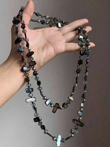 1pc Women's Retro Bohemian Style Colorful Shell Beaded Double-Layer Necklace, Vintage Luxury Holiday Long Necklace, Layerable, Suitable For Beach, Travel, Daily Decoration, Outfit Matching, Dating, Party, Festival Gift, Gemstone And Bead Colors An...