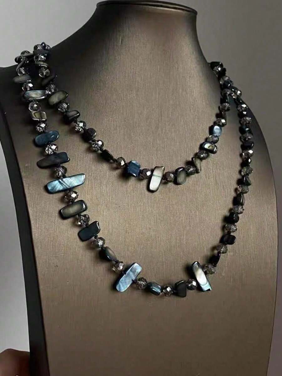 1pc Women's Retro Bohemian Style Colorful Shell Beaded Double-Layer Necklace, Vintage Luxury Holiday Long Necklace, Layerable, Suitable For Beach, Travel, Daily Decoration, Outfit Matching, Dating, Party, Festival Gift, Gemstone And Bead Colors An...