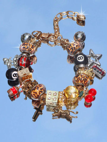 1pc Leopard Print Billiard Ball Charm Bracelet, 1pc Cherry Cross Music Festival Bracelet, 1pc Leopard Print Star Girl Bracelet