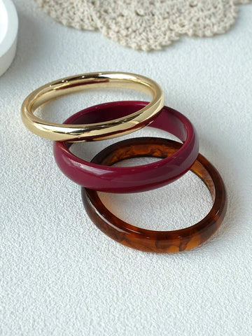 LADYCOCO 3pcs/Set Vintage Thick Acrylic Resin Bangle Bracelets With Gold Tone Rings, Suitable For Party And Daily Wear