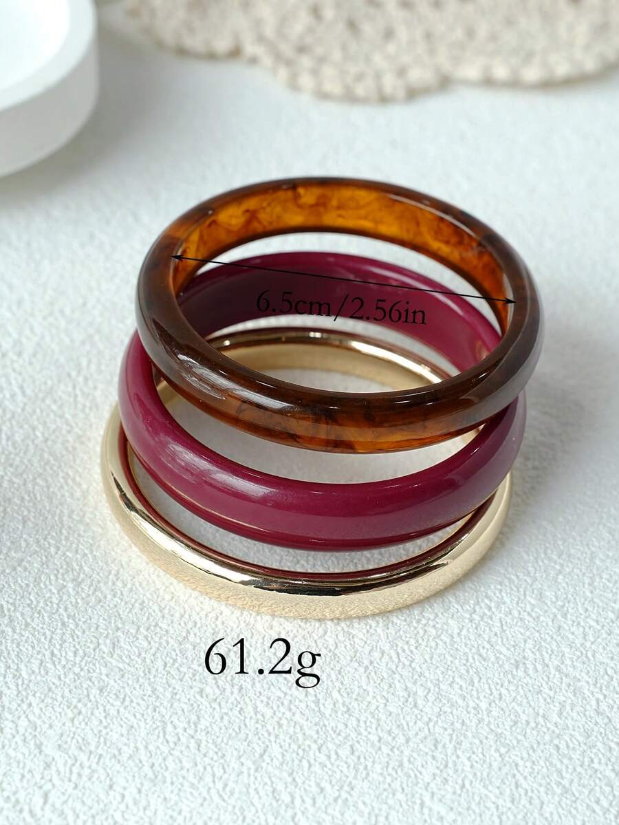 LADYCOCO 3pcs/Set Vintage Thick Acrylic Resin Bangle Bracelets With Gold Tone Rings, Suitable For Party And Daily Wear