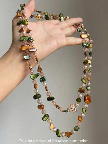 rundraw Bohemian Style Colorful Shell & Glass Multi-Layer Necklace, Women's Long Necklace For Spring/Summer, Cross-Border Creative European & American Style