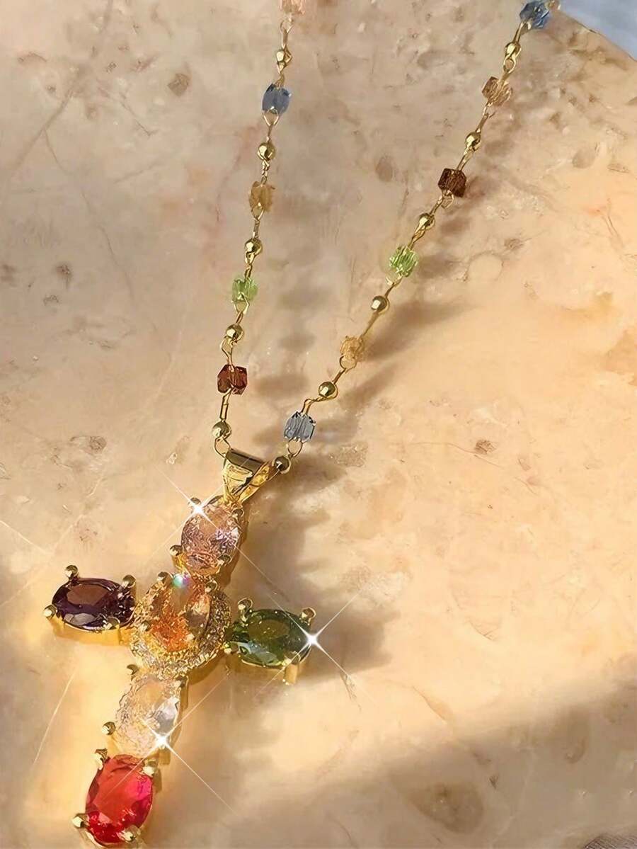 1pc Y2K Plated Rainbow Cross Pendant Necklace, Elegant Fashion Necklace For Women, Hip Hop Party Music Festival Jewelry Gift, For Girlfriend, Couples Or Couples