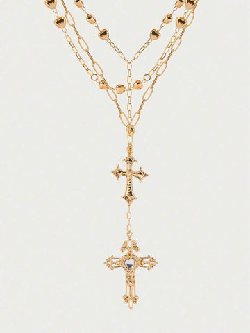 Glisma 1 Pc Golden Color Heart Chain Cross Necklace Y Chain Pendant Necklaces Layering Necklaces Set Cross Jewelry