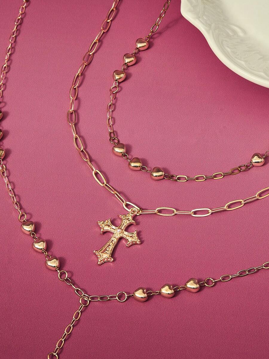 Glisma 1 Pc Golden Color Heart Chain Cross Necklace Y Chain Pendant Necklaces Layering Necklaces Set Cross Jewelry