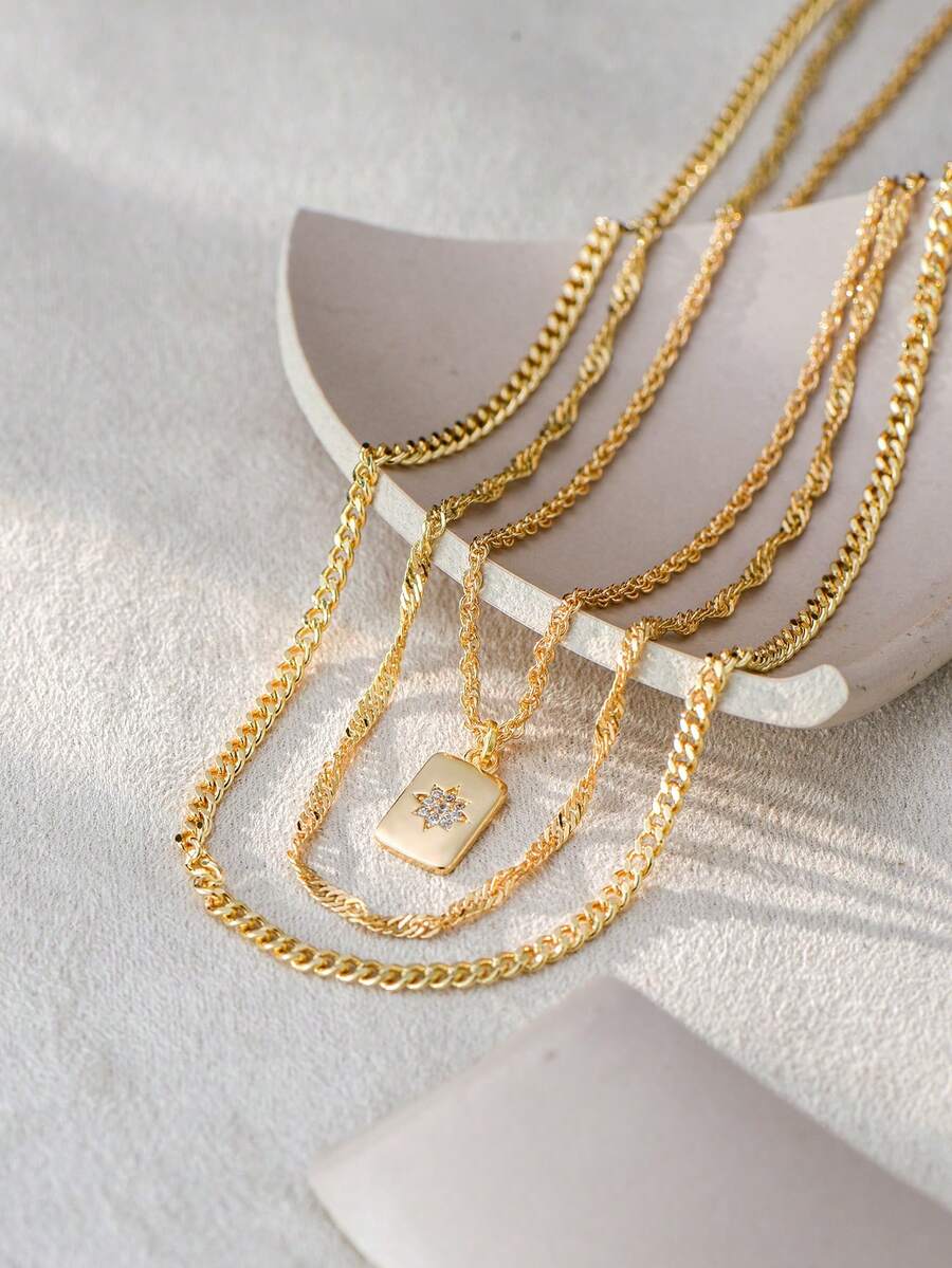 3pcs/Set Stainless Steel Gold Wire Flat Blade Chain Layered Pendant Necklace, With Gold Square Paperclip Charm, Suitable For Women To Wear On Vacation And Parties