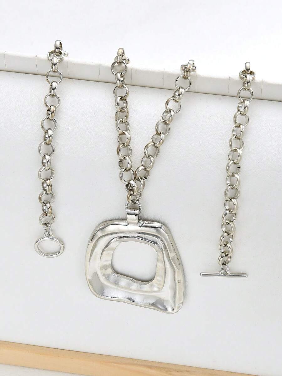 17KM 1pc Minimalist Chic Exaggerated Silver Square Chain Pendant Necklace Set, Suitable For Women's Vacation, Date, Daily Wear, Party