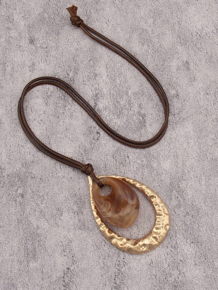 1pc Coffee Color Wax Rope, Khaki Resin Stone & Alloy Sweater Chain Necklace For Women, Fashion Luxury Long Necklace, Daily Accessory, Holiday & Festival Gift, Valentine's Day, Mother's Day Gift