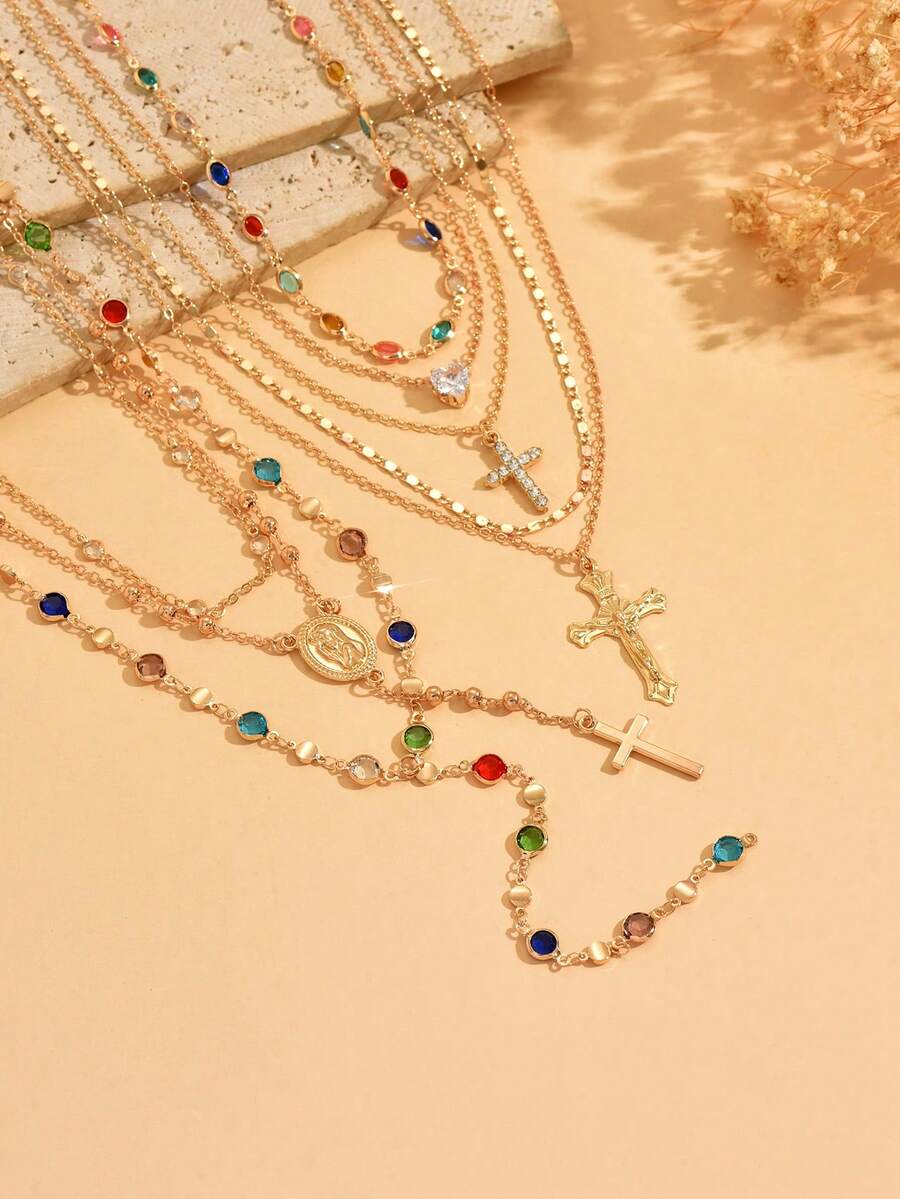 5pcs/Set Vintage Luxury Multi-Layer Rhinestone Cross Necklace, Versatile Jewelry For Daily Wear And Party, Assorted Colored Rhinestone Chain